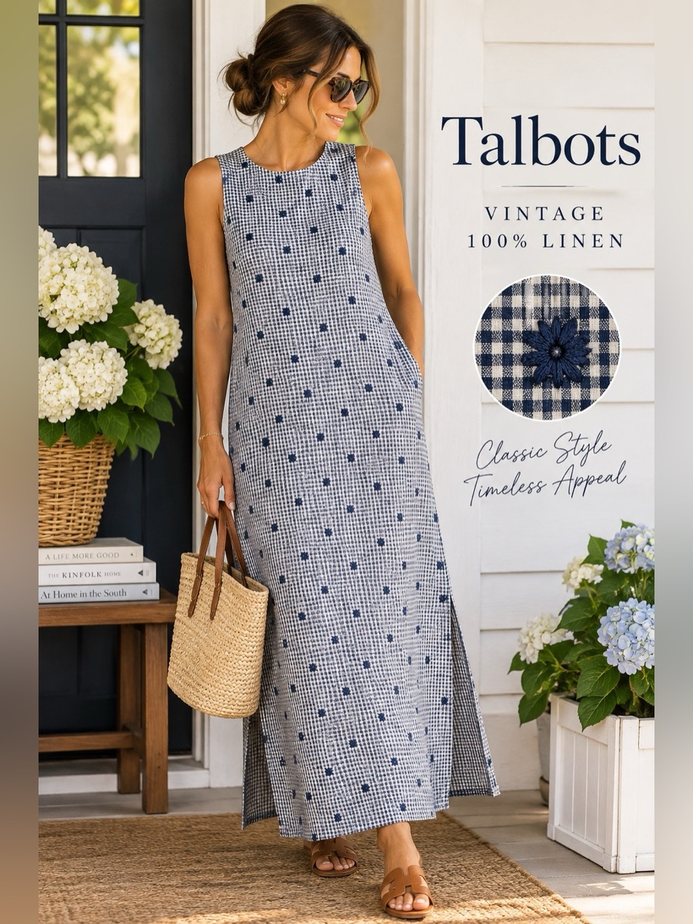 Talbots Vintage Navy Gingham Embroidered Linen Maxi Shift Dress Size 10